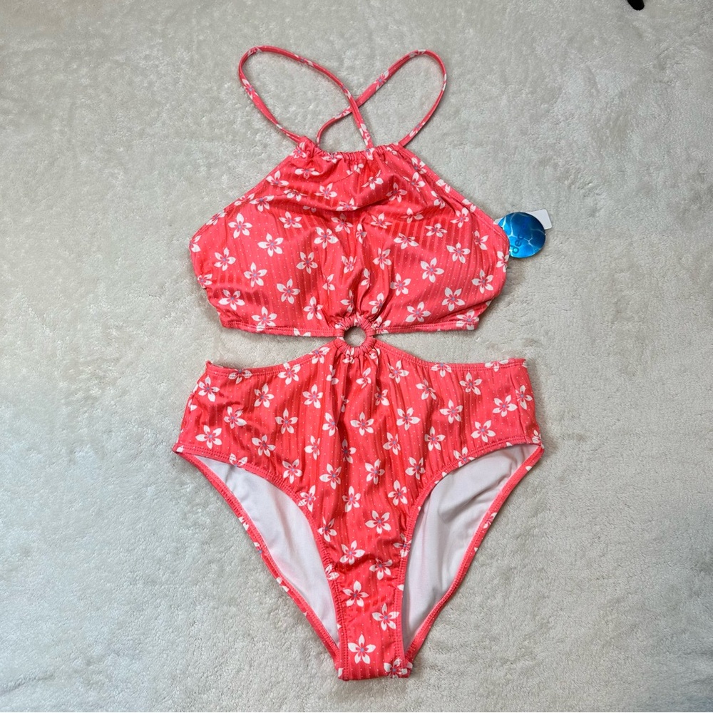 Decree Retro Boho Floral Coral Pink Cut Out Swimsuit Halter Neck Cheeky Beach